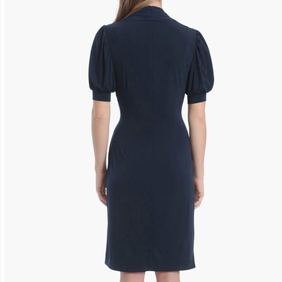 LONDON TIMES Puff Sleeve Faux Wrap Dress in Navy - Picture 2 of 2